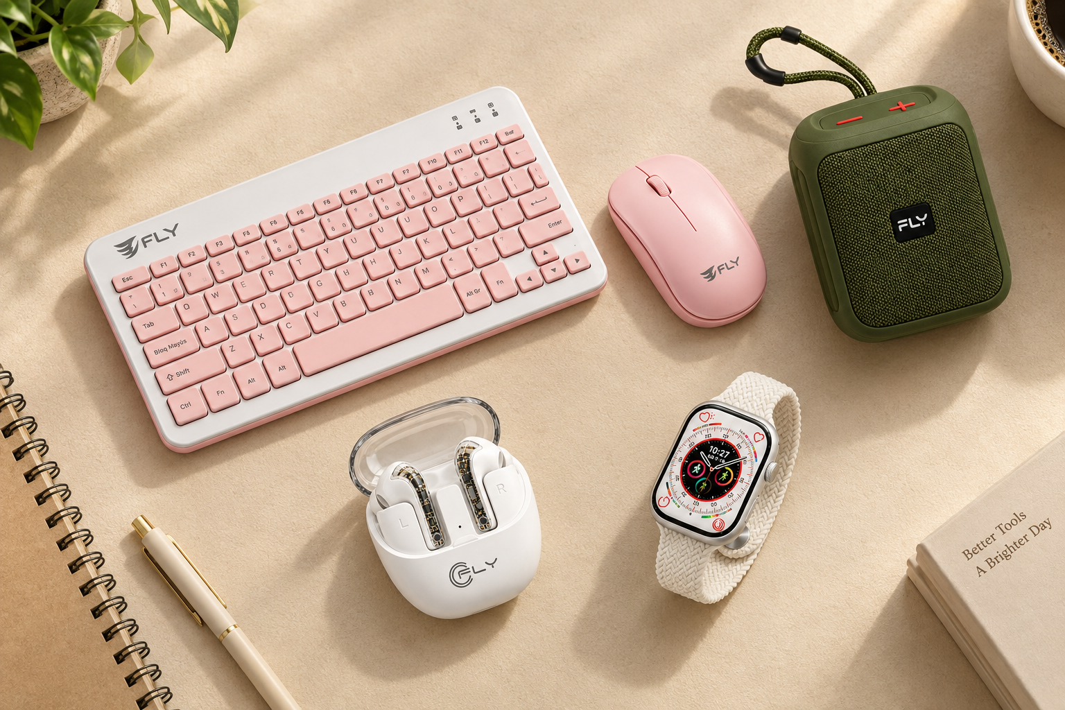 Flat lay premium FLY productos hotspots