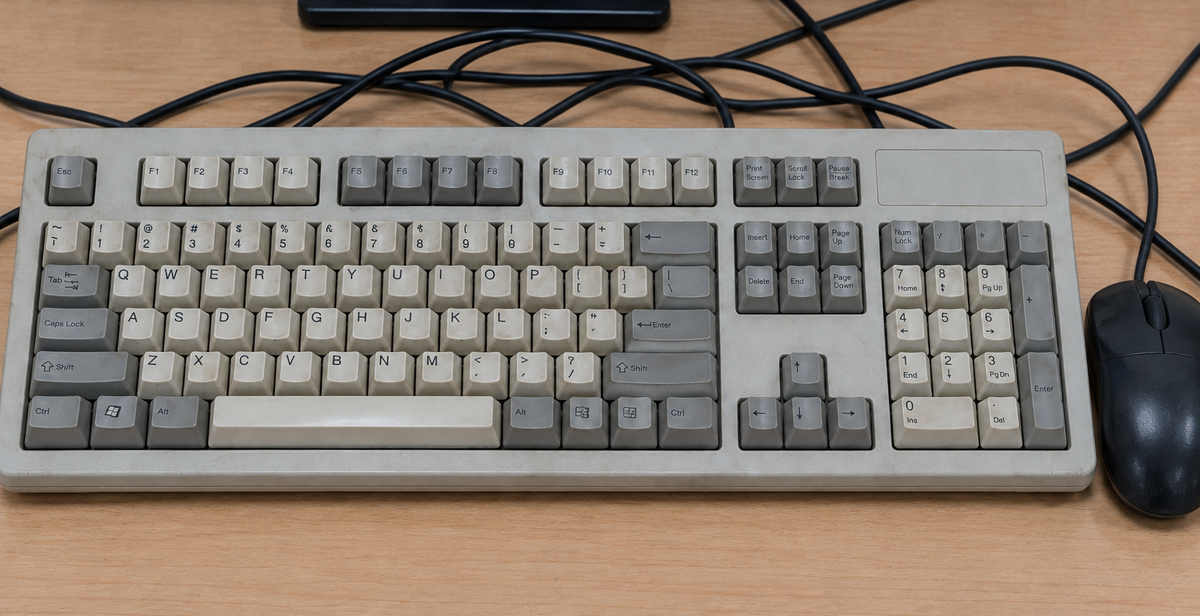 Teclado feo con cables - encuadre cercano